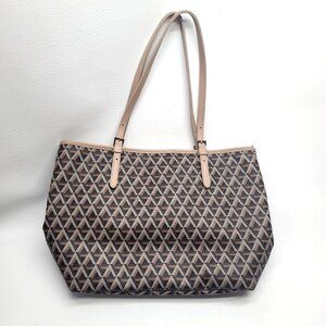 Lancaster Paris Tote Shoulder Bag Geometric Logo Print Beige Brown Made France